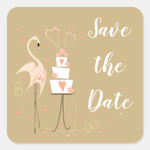 Flamingo Wedding Save the Date Side Text Square Sq Quadratischer Aufkleber