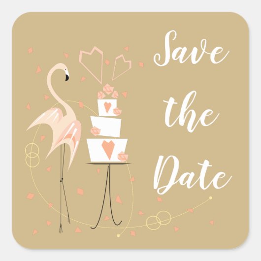 Flamingo Wedding Save the Date Side Text Square Sq Quadratischer Aufkleber (Vorderseite)