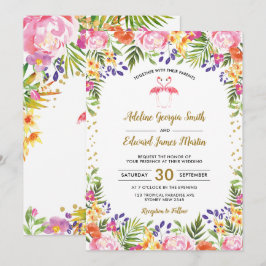 Flamingo Wedding Tropical Floral Palm Blätter Gold Einladung