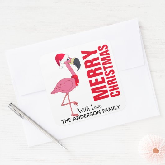 Flamingo Weihnachtslabel Quadratischer Aufkleber (Umschlag)