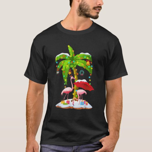 Flamingo Weihnachtsmannmütze Palm Baum Frohe Weihn T-Shirt (Vorderseite)