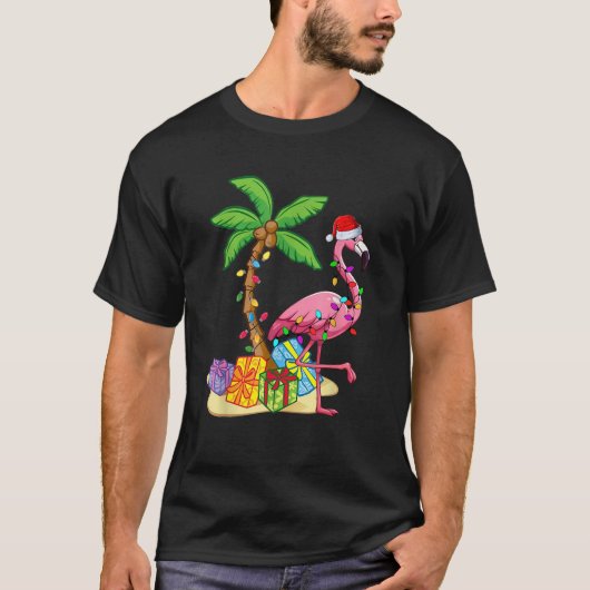 Flamingo Weihnachtsmannmütze Palm Tree Frohe Weihn T-Shirt (Vorderseite)