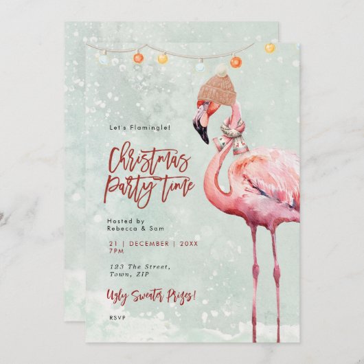 Flamingo Winter Weihnachten Party Einladung (Vorne/Hinten)