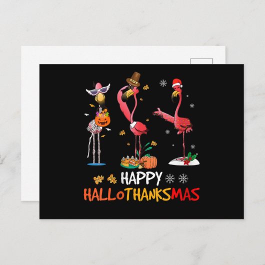 Flamingo | Womens Flamingo Happy HalloThanksmas Ankündigungspostkarte (Vorne/Hinten)