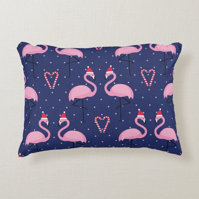 Flamingo Xmas Hat Candy Pattern Dekokissen (Vorderseite)