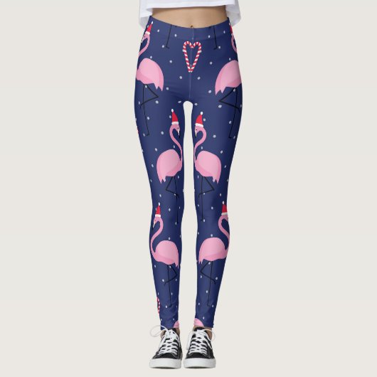 Flamingo Xmas Hat Candy Pattern Leggings (Vorderseite)