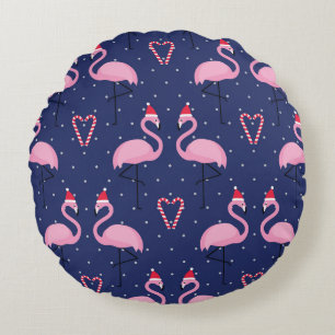 Flamingo Xmas Hat Candy Pattern Rundes Kissen