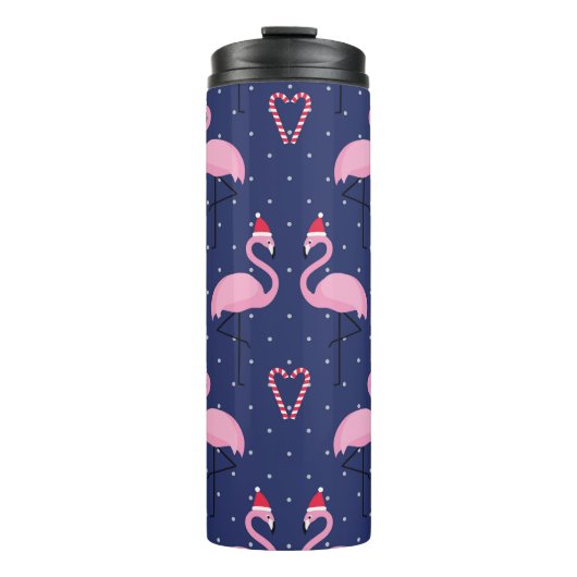 Flamingo Xmas Hat Candy Pattern Thermosbecher (Vorderseite)