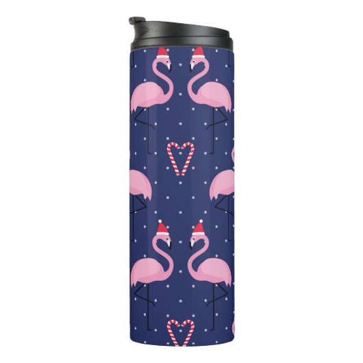 Flamingo Xmas Hat Candy Pattern Thermosbecher (Nach rechts gedreht)