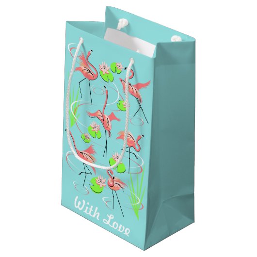 FlamingoFandango mit der Liebegeschenktasche klein Kleine Geschenktüte (Rückseite Schrägansicht)