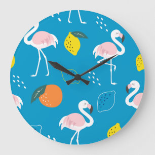 Flamingos, abstrakte tropische Früchte, trendige P Große Wanduhr