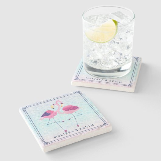 Flamingos an Abstrakten, stilisierten Stränden Steinuntersetzer (Seitenansicht)