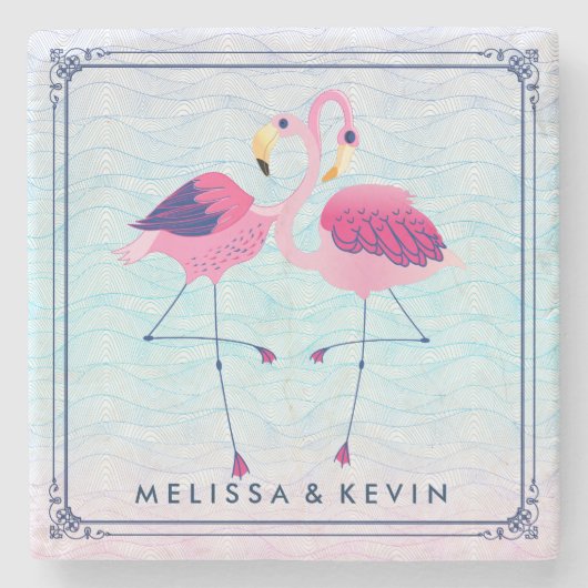 Flamingos an Abstrakten, stilisierten Stränden Steinuntersetzer (Vorderseite)