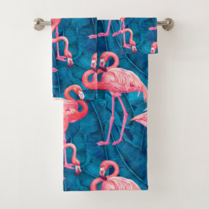 Flamingos auf blauen Bananen-Blätter Badhandtuch Set