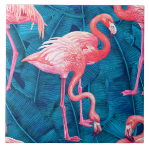 Flamingos auf blauen Bananen-Blätter Fliese