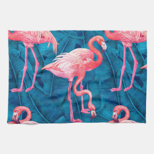 Flamingos auf blauen Bananen-Blätter Geschirrtuch