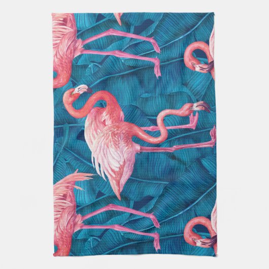 Flamingos auf blauen Bananen-Blätter Geschirrtuch (Vertikal)