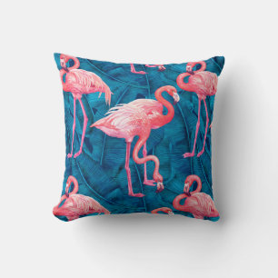 Flamingos auf blauen Bananen-Blätter Kissen