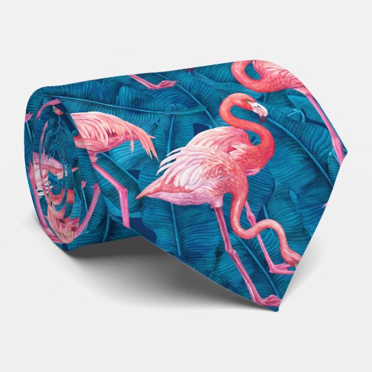 Flamingos auf blauen Bananen-Blätter Krawatte (Gerollt)