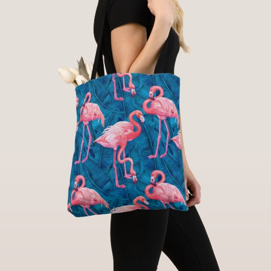 Flamingos auf blauen Bananen-Blätter Tasche (Von Nahem)
