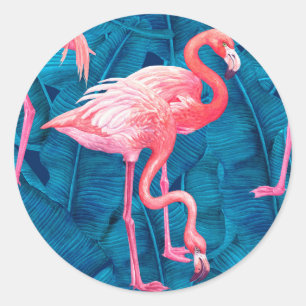 Flamingos auf blauen Bananenblättern Runder Aufkleber