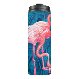 Flamingos auf blauen Bananenblättern Thermosbecher