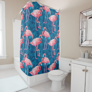 Flamingos auf blauen Bananensohlen Blätter Duschvo Duschvorhang