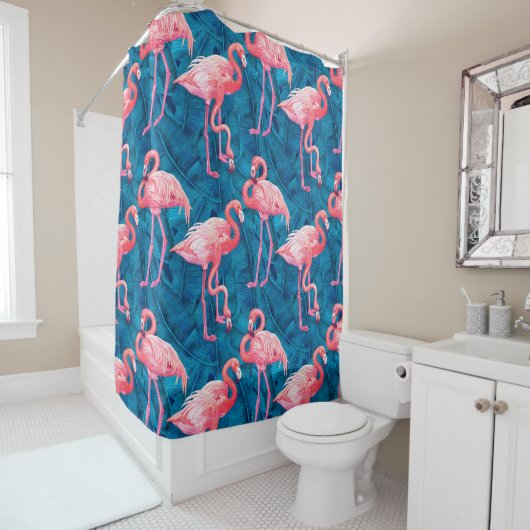 Flamingos auf blauen Bananensohlen Blätter Duschvo Duschvorhang (Beispiel)