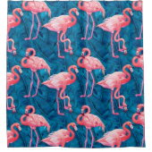 Flamingos auf blauen Bananensohlen Blätter Duschvo Duschvorhang (Vorderseite)