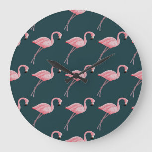 Flamingos auf blauen, Vintagen, nahtlosen Mustern. Große Wanduhr