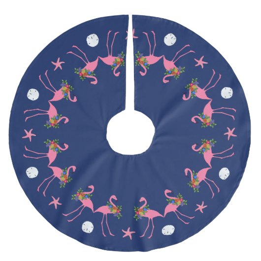 Flamingos auf dem Navy Blue Christmas Tree Skirt Polyester Weihnachtsbaumdecke (Vorderseite)