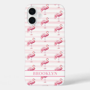Flamingos auf Wasserfarben-Streifen mit Monogramm iPhone 16 Plus Hülle