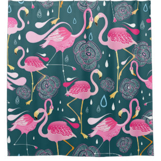 Flamingos Blume: Dunkle Grafik nahtlos. Duschvorhang