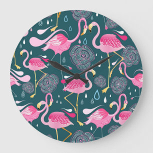 Flamingos Blume: Dunkle Grafik nahtlos. Große Wanduhr