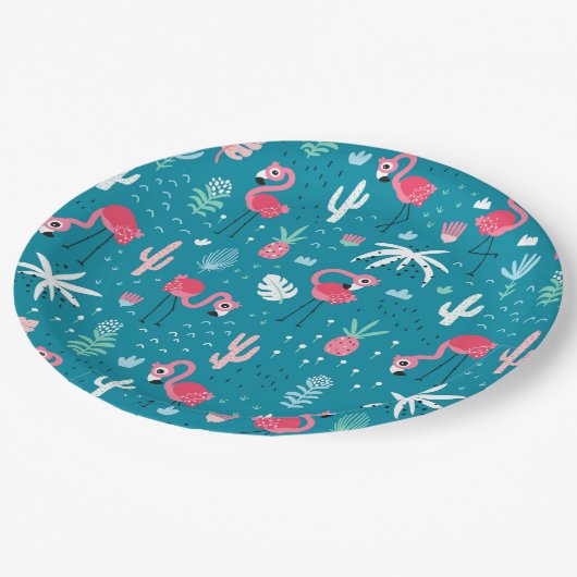Flamingos, Blume und Kakteen Pappteller (Schrägansicht)
