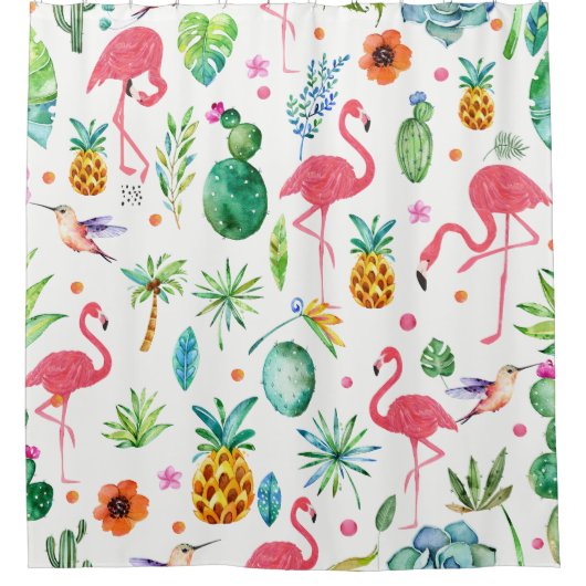 Flamingos Cactus & Pineapse Nahtloses Muster Duschvorhang (Vorderseite)