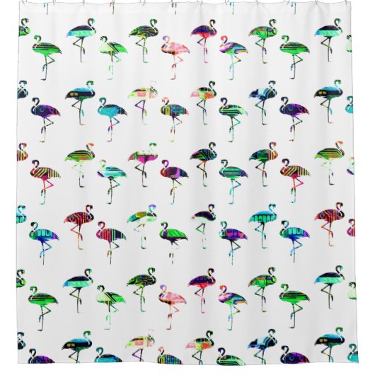 Flamingos farbenfrohes, weißes Muster Duschvorhang (Vorderseite)