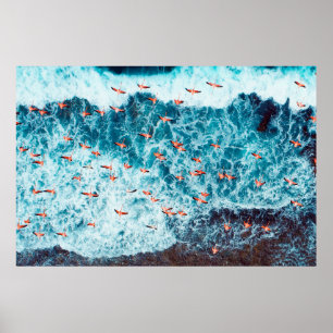Flamingos fliegen am Strand des karibischen Meeres Poster