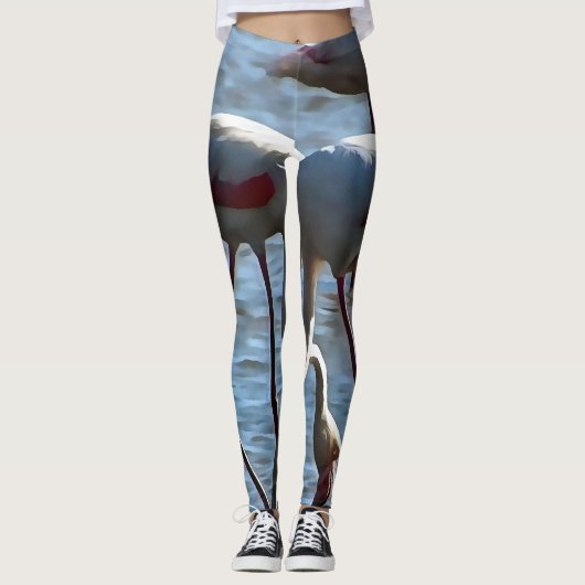 Flamingos Fütternd Zeit Akryllische Malerei Leggings (Vorderseite)