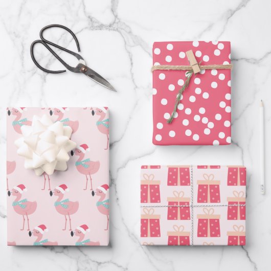 Flamingos, Geschenke & Punkt - Niedliche Weihnacht Geschenkpapier Set (Vorderseite)