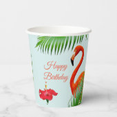 Flamingos, Hibiskus und Palmen Blätter auf hellbla Pappbecher (Rückseite)