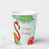 Flamingos, Hibiskus und Palmen Blätter auf hellbla Pappbecher (Vorderseite)