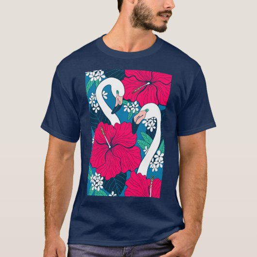 Flamingos, Hibiskus und tropische Blätter T-Shirt (Vorderseite)
