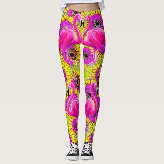Flamingos im Hintergrund der Blume Leggings (Vorderseite)