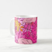Flamingos im Hintergrund tropischer Blätter und f Kaffeetasse (Vorderseite Links)