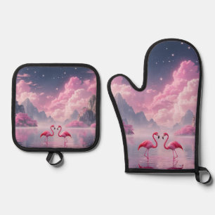 Flamingos in einer Traumwelt Ofenhandschuh & Topflappen-Set