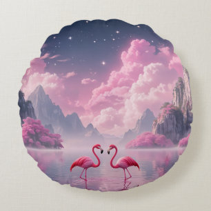 Flamingos in einer Traumwelt Rundes Kissen