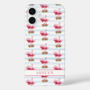 Flamingos mit Blumen auf Wasserfarbenstreifen iPhone 16 Plus Hülle