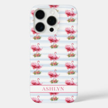 Flamingos mit Blumen auf Wasserfarbenstreifen