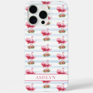 Flamingos mit Blumen auf Wasserfarbenstreifen iPhone 16 Pro Max Hülle